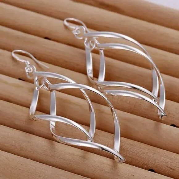 925 Sterling Silver Long Drop Hoop Earrings - Picture 3 of 4